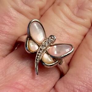 STERLING SILVER AND MOTHER OF PEARL BUTTERFLY RING WITH CLEAR STONE ACCENTS